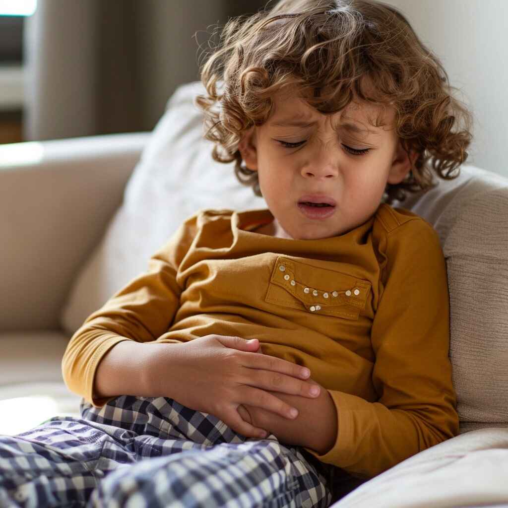 Parent comforting toddler with stomach pain from constipation
